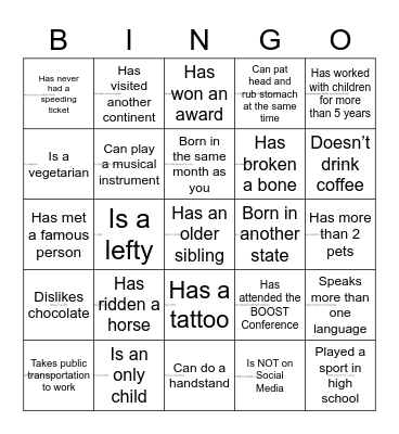 BOOST BINGO- Find Someone Who... Bingo Card