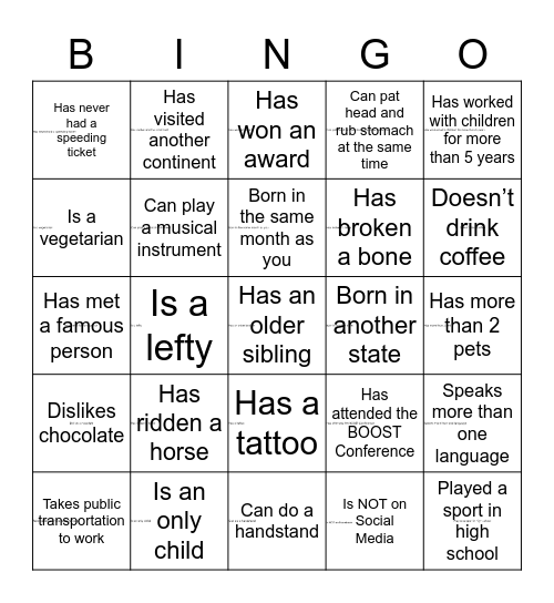 BOOST BINGO- Find Someone Who... Bingo Card
