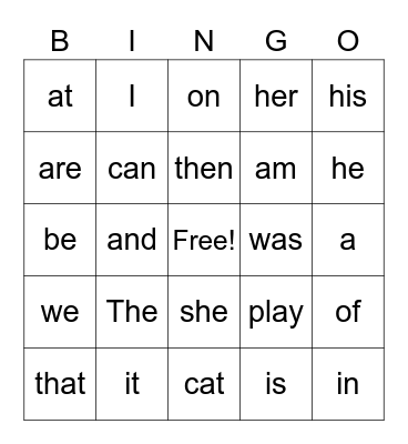 Sight Words Bingo Card