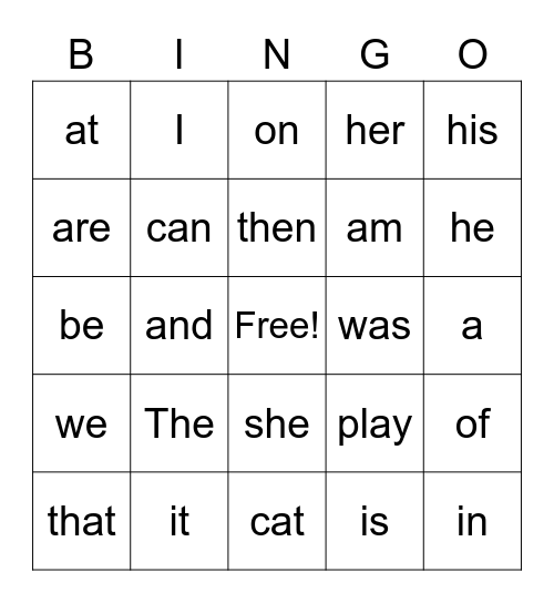 Sight Words Bingo Card