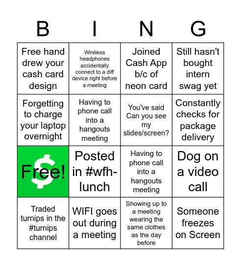 Remote Intern Life Bingo Card