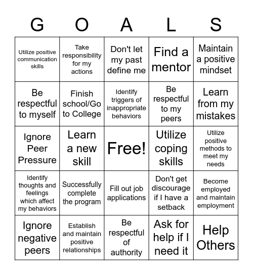 Goals Bingo Card
