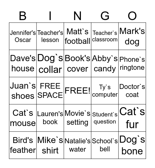 Possessive Noun Bingo  Bingo Card