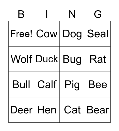 Three/four Letter Animals Bingo Card