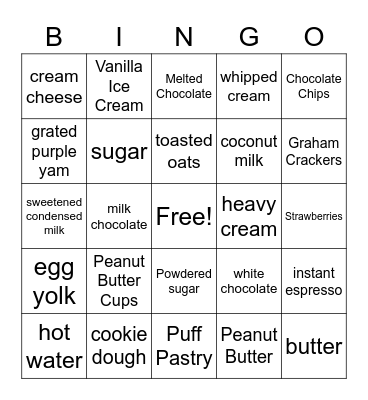 Dessert Bingo Card