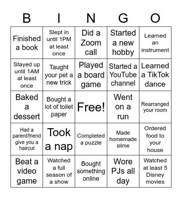 Quarantine BINGO Card