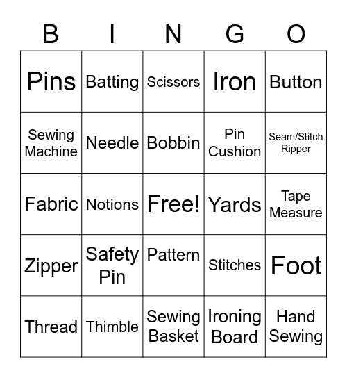 Sewing Tools Bingo Card
