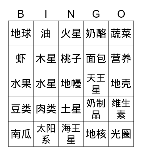 中文Bingo Card