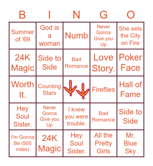 New Hokie Spotify Bingo Card