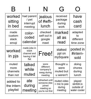 Intern 2020 Bingo Card