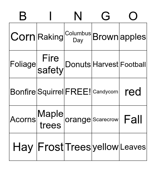 2nd Grade Fall Bingo! Bingo Card