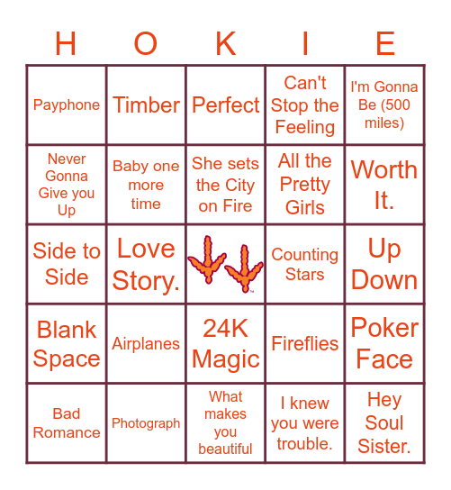 New Hokie Spotify Bingo Card