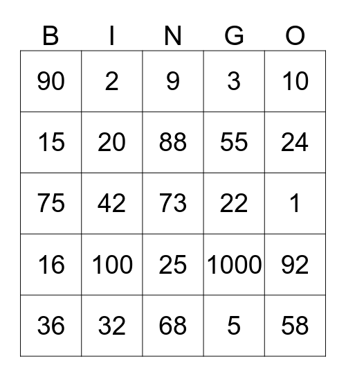 Numbers Bingo Card