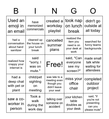 Remote Worker Bingo Card