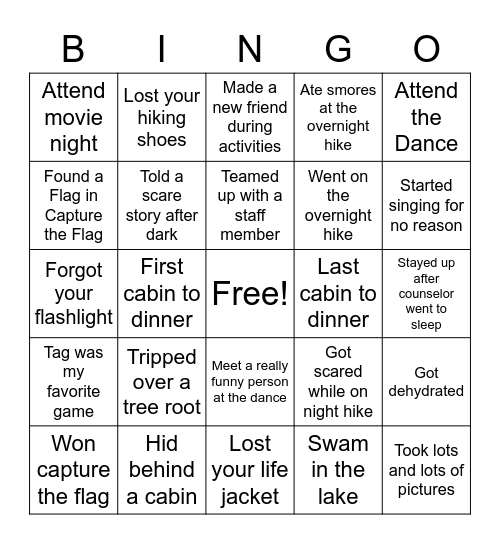 Evening Activities Bingo Card