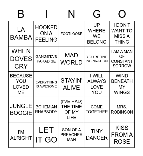 SOUNDTRACK SONGS Bingo Card