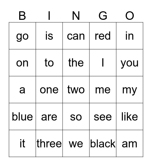 Sight Word Bingo Card