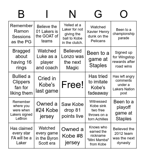 Lakers Fan Bingo Card