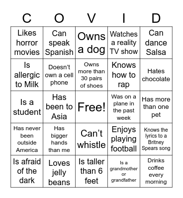 Covid Card 1 Bingo Card