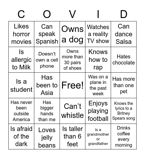 Covid Card 1 Bingo Card