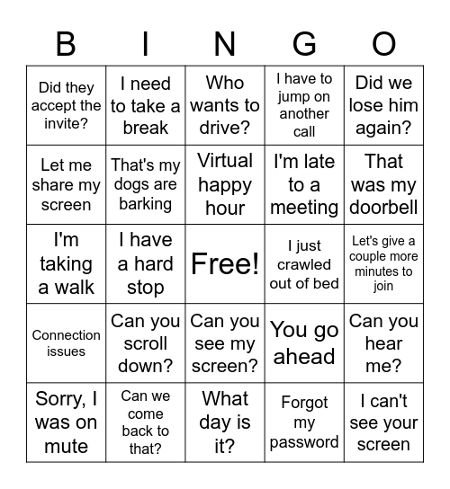 WFH Fun Day Bingo Card