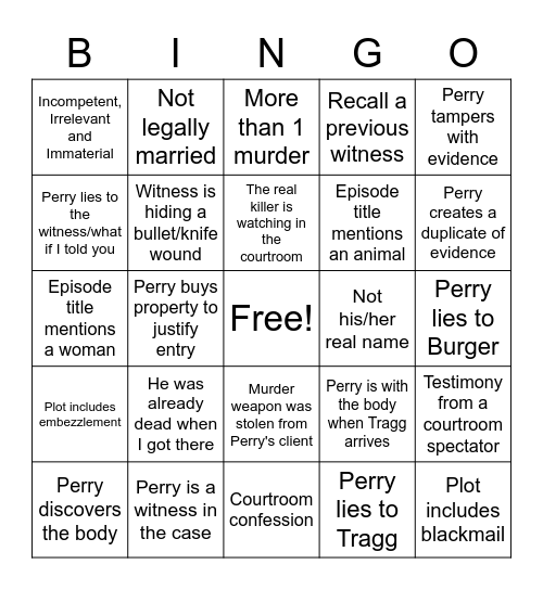 Perry Mason Bingo Card