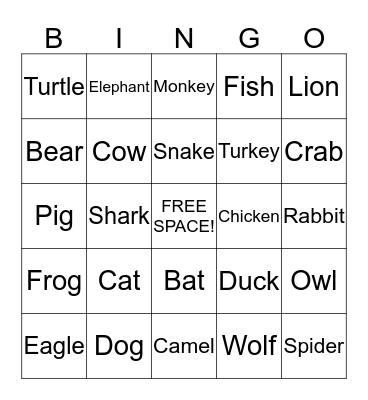 Animal Bingo Card