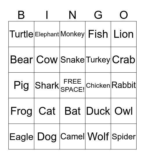 Animal Bingo Card