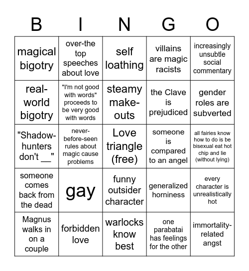 Cassandra Clare Bingo Card