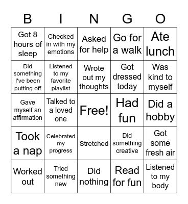 WCU Alumni Self-Care Bingo Card