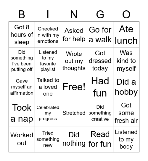 WCU Alumni Self-Care Bingo Card