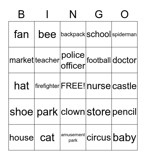 Nouns Bingo Card