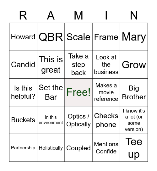 Ramin-isms Bingo Card