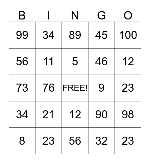 Number Bingo Card