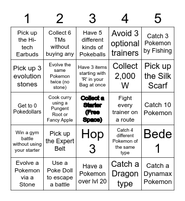 Sword and Shield Lockout Bingo Card