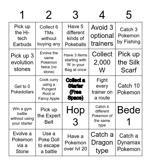 Sword and Shield Lockout Bingo Card