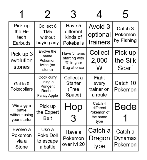 Sword and Shield Lockout Bingo Card