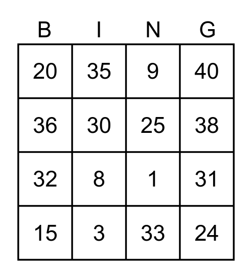 Numbers 1-40 Bingo Card