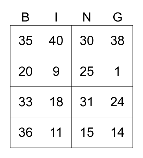 Numbers 1-40 Bingo Card