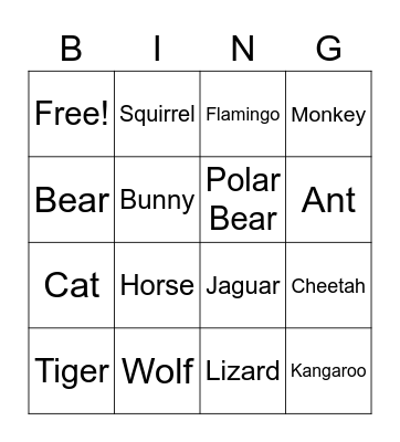 Animal Bingo Card