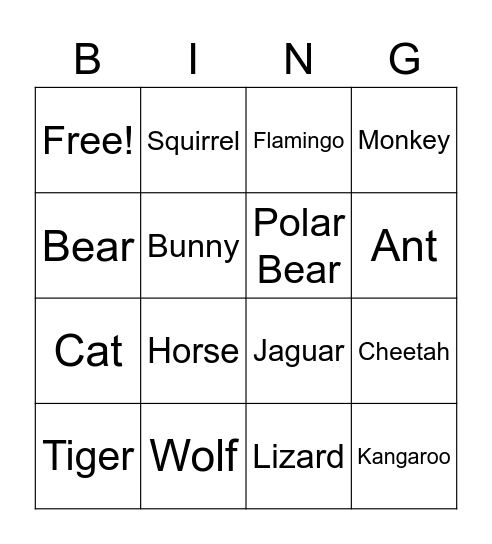 Animal Bingo Card