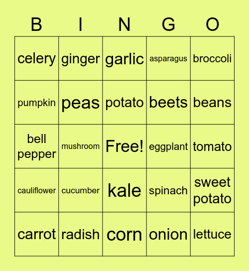 Bingo: Vegetables Bingo Card