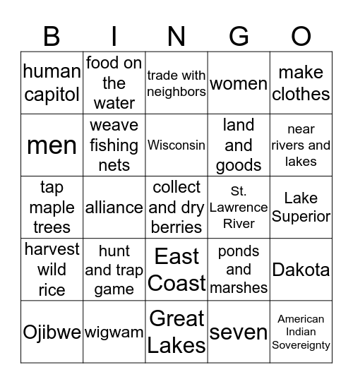 MN Chapter 4  Ojibwe Bingo Card