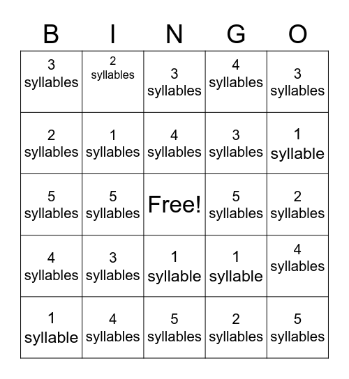 Syllable Bingo Card