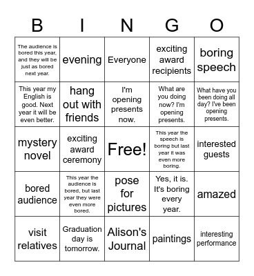 Adjectives and Things to Do Bingo Card