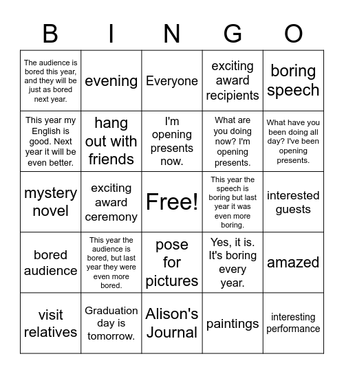 Adjectives and Things to Do Bingo Card