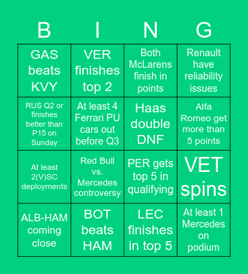 Steiermark GP 2020 Bingo Card