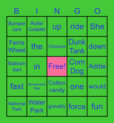 Addie's Choices at the Amusement Park Bingo Card