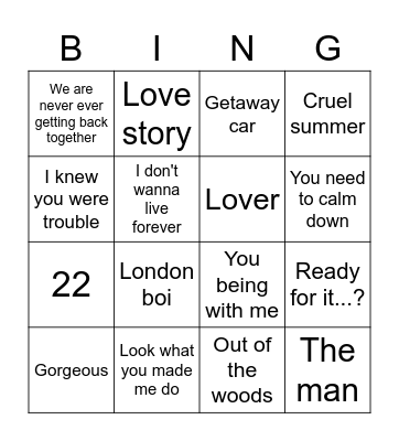 Taylor Swift Top Hitz Bingo Card