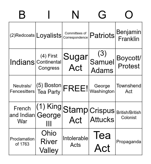 Road to the American Revolution Bingo Card